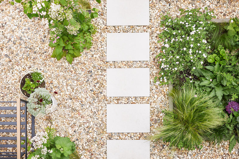 backyard with pebbles, stepping stones and plants