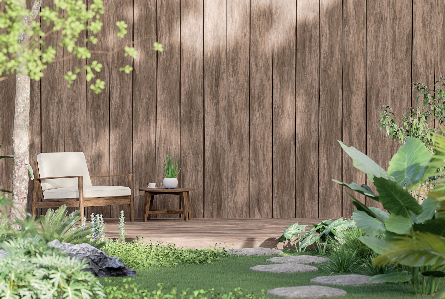 backyard with deck furniture and plants