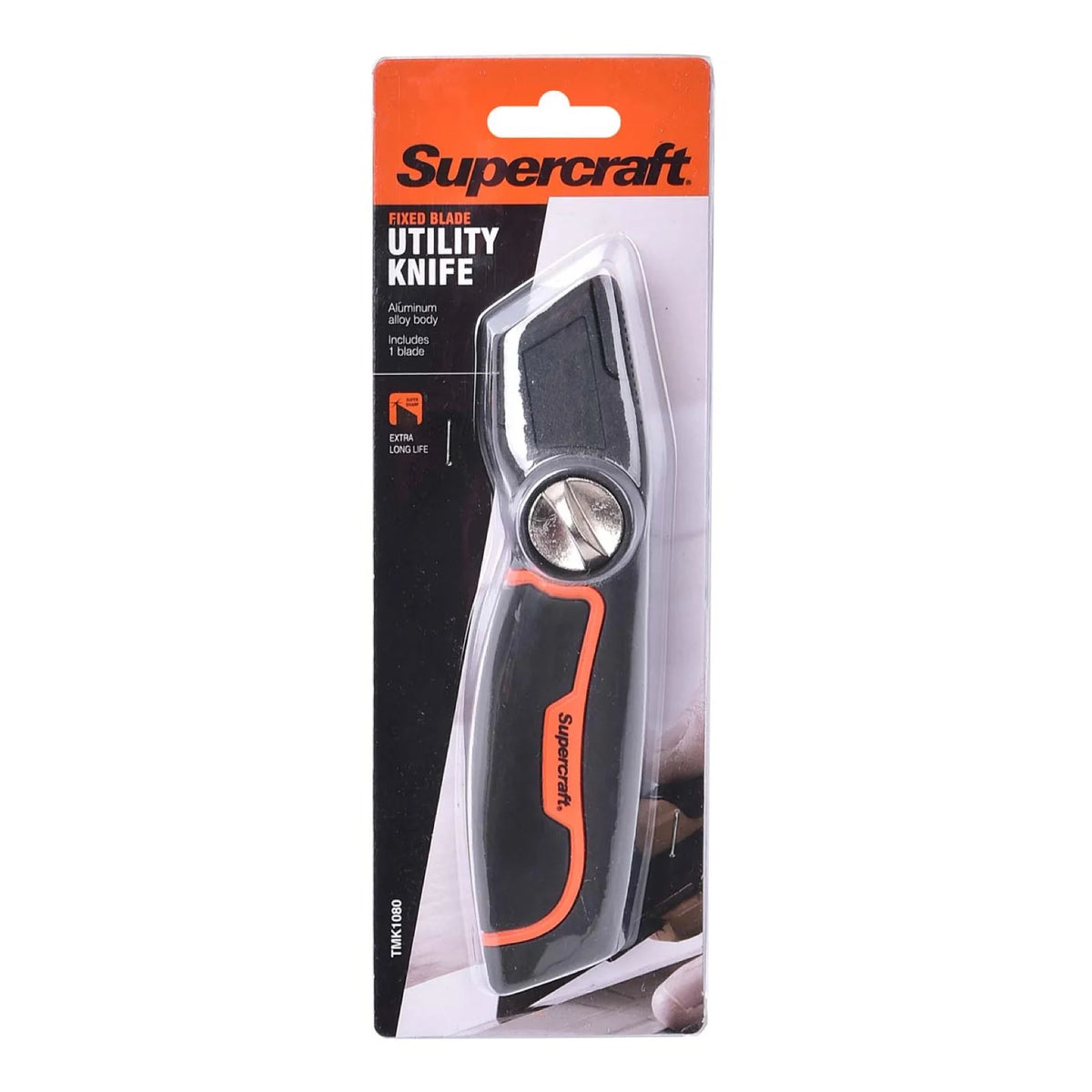 image of a fixed blade utility knife in black, white and orange packaging pictured against an all white background