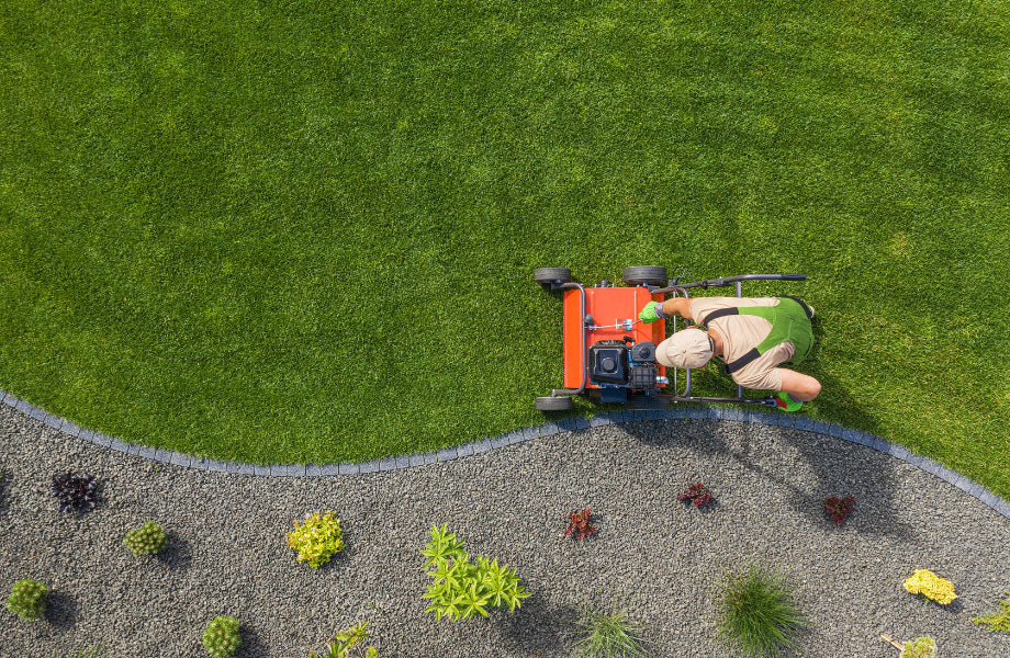 image of bright green lawn being mowed for lawn care tips
