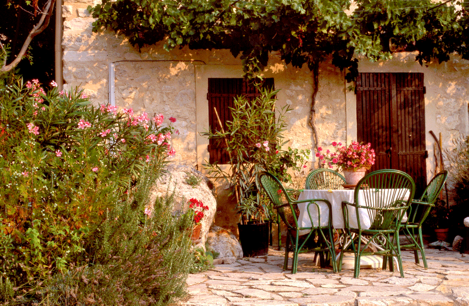 front of a rustic home showcasing rustic garden ideas with plantings on the roof, from trees and in bushes
