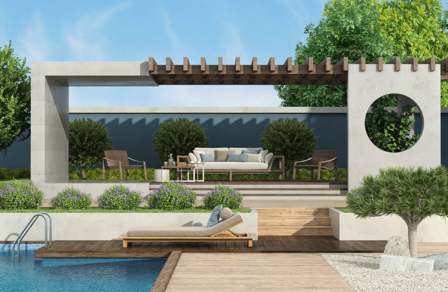 image of a pool and garden area in a backyard using timber accents in the roofing, decking, furniture and steps