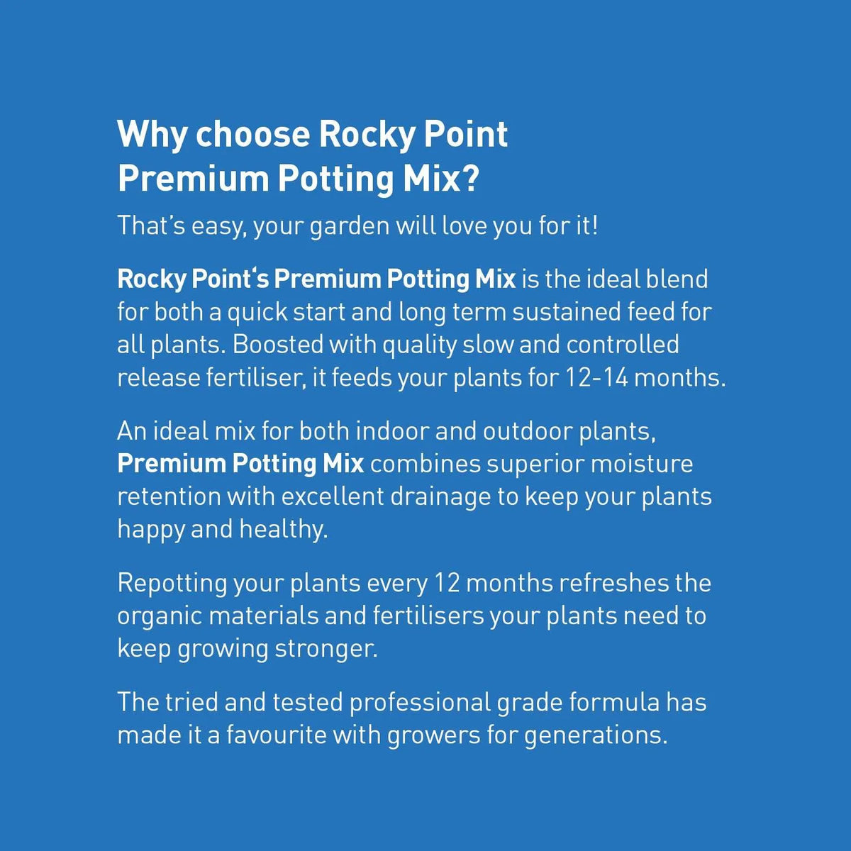 Searles Rocky Point Premium Potting Mix in 60L bag, showing a bag of high-quality soil for gardening and potting plants.