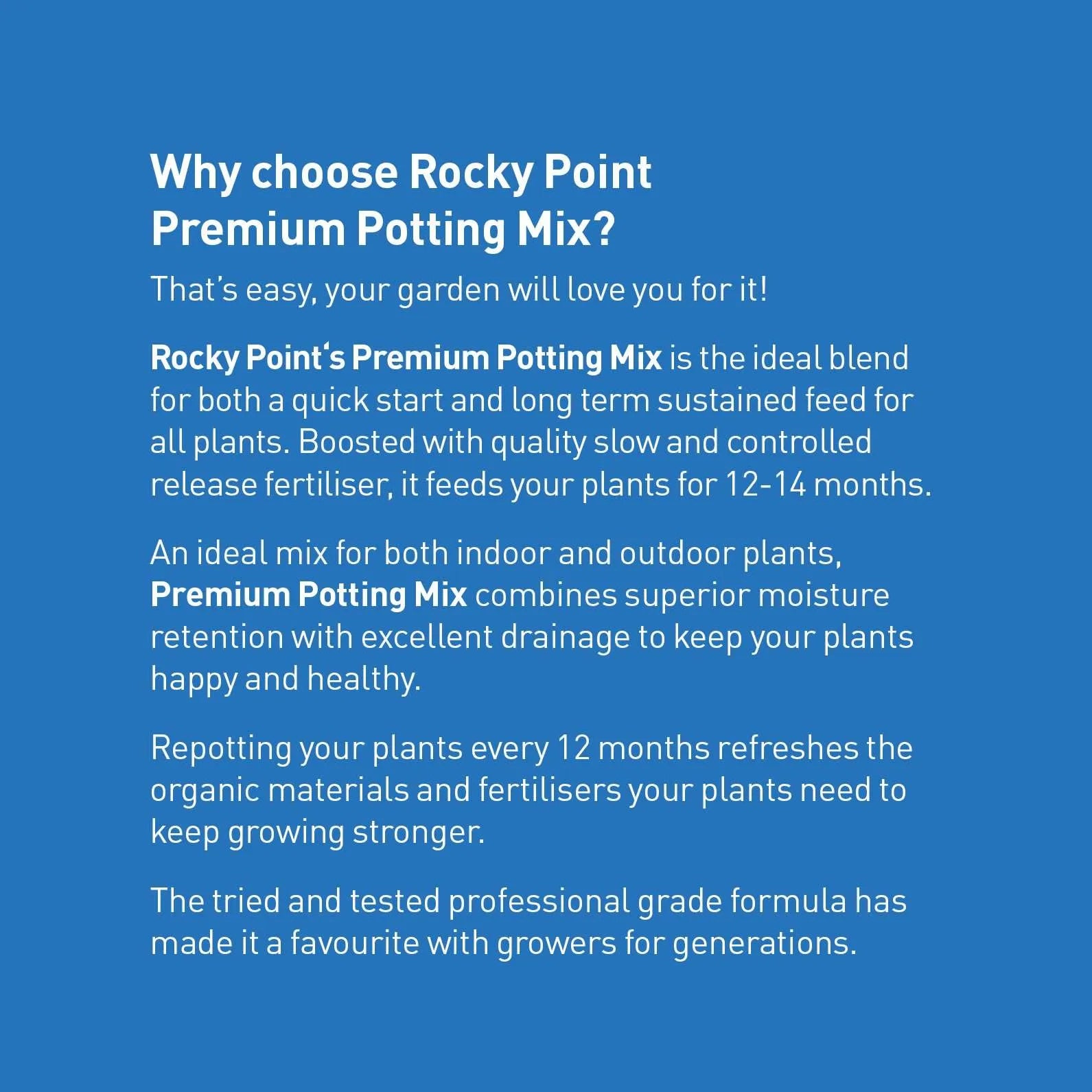 Searles Rocky Point Premium Potting Mix in 60L bag, showing a bag of high-quality soil for gardening and potting plants.