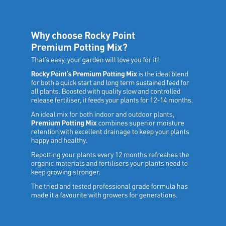 Searles Rocky Point Premium Potting Mix in 60L bag, showing a bag of high-quality soil for gardening and potting plants.