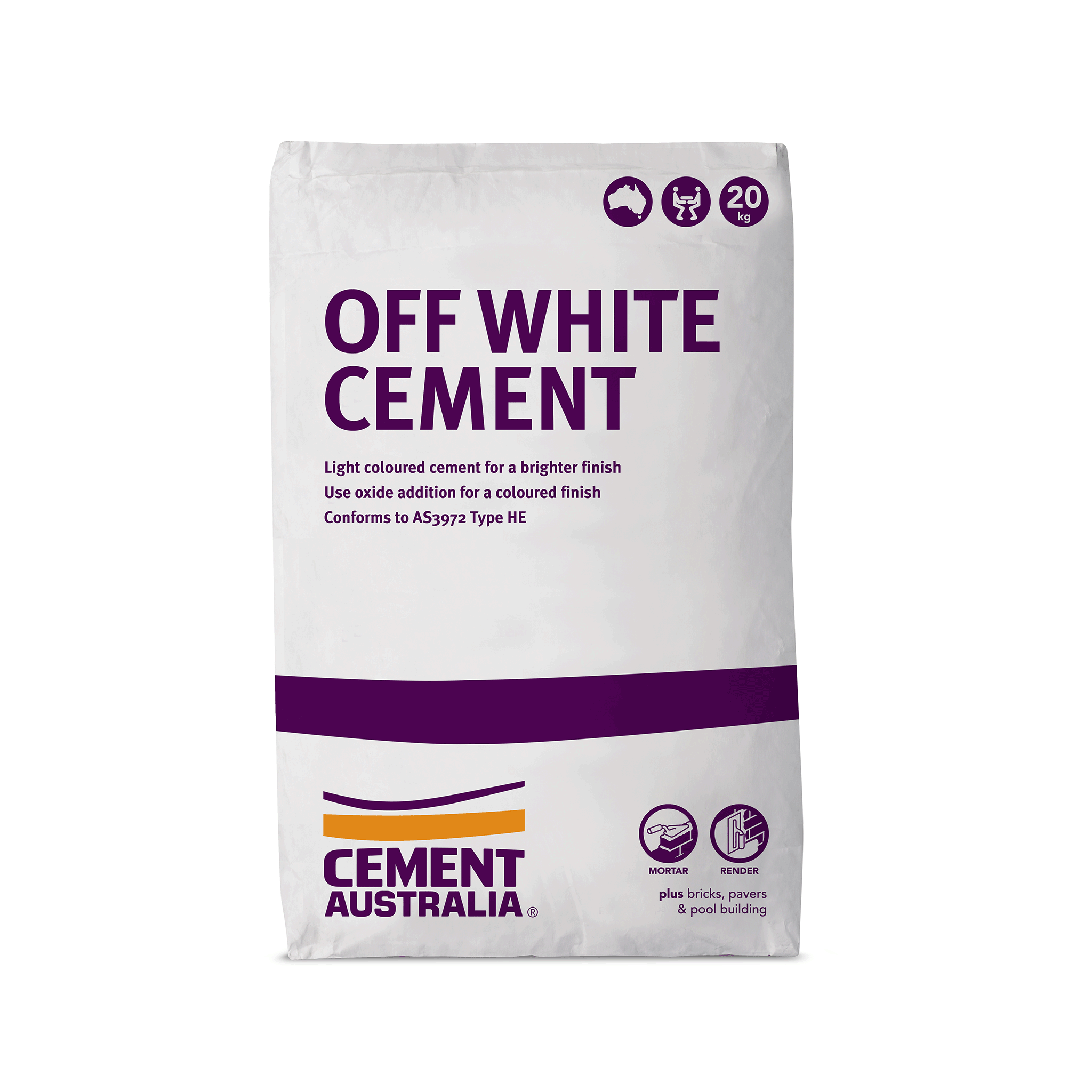 Bag of off white cement with 'Cement Australia' branding on a white background