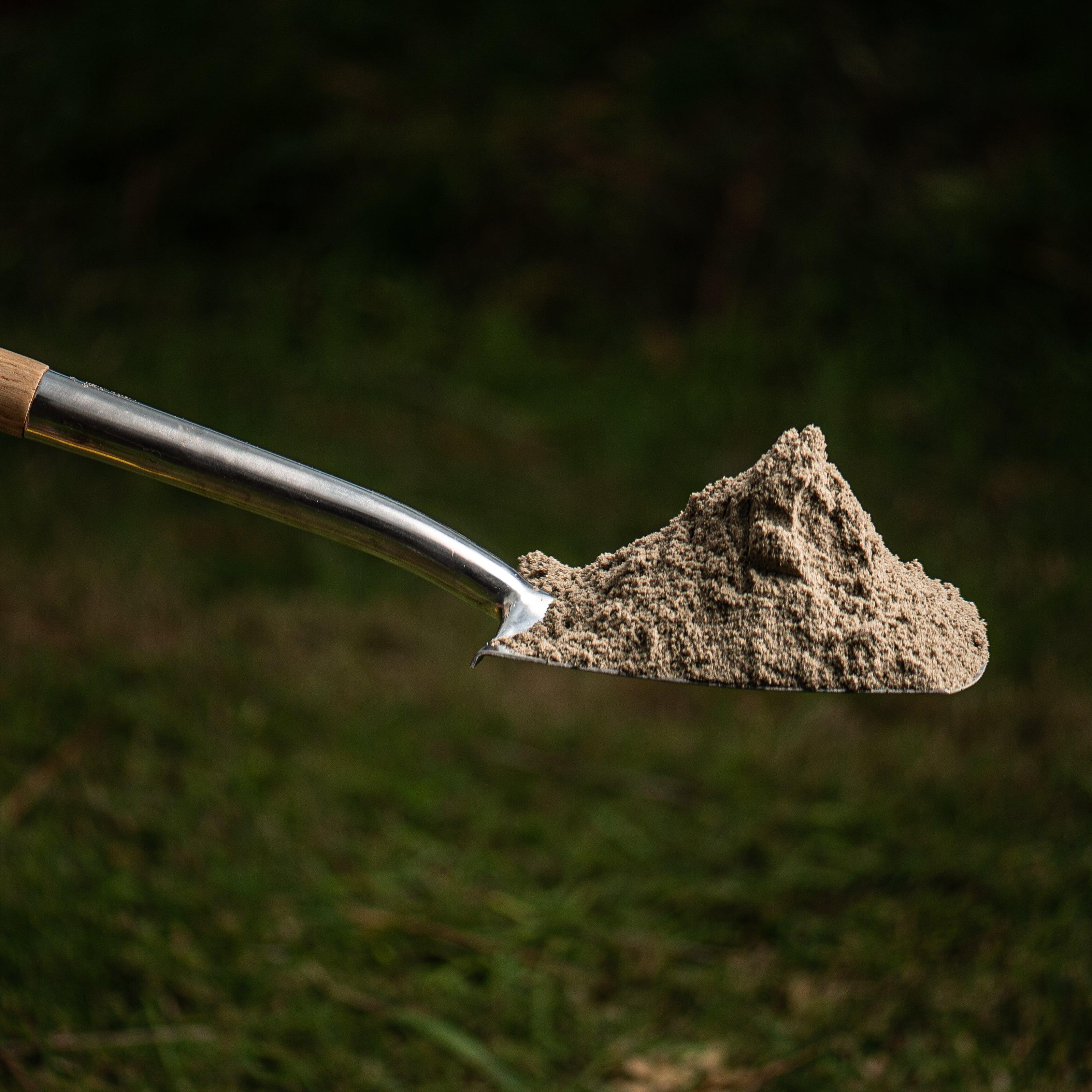metal shovel holding sand on a grassy background
