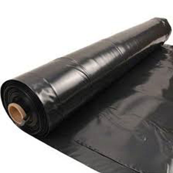 Black plastic fabric roll by Rock and Soil, showing a long, rolled sheet of durable plastic material for industrial or craft use.