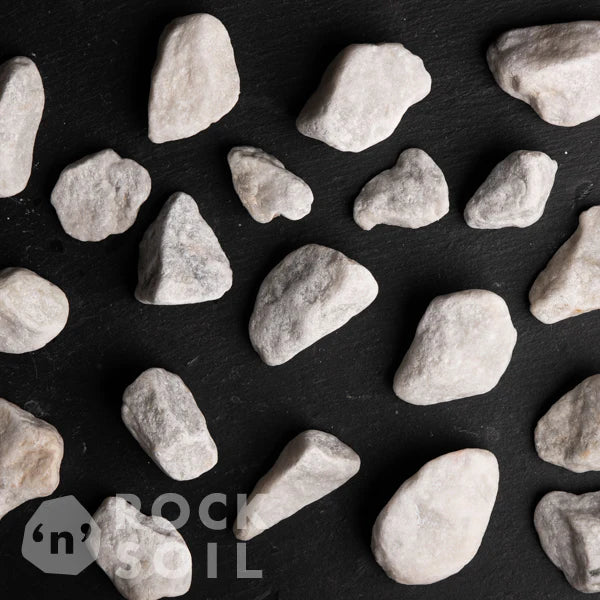 Pattern of small stones on a black background with 'Rock n' Soil' branding.
