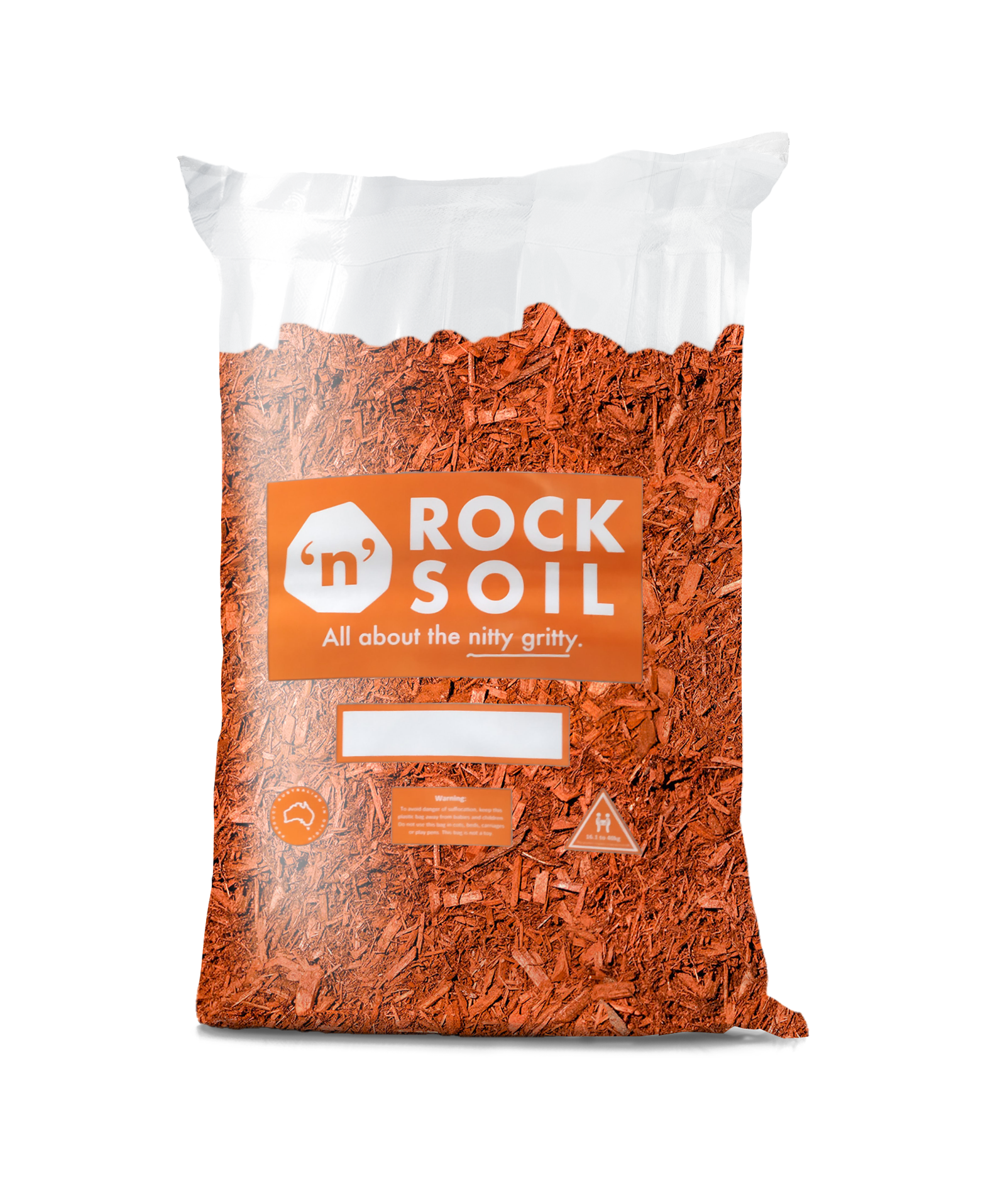 Bag of mulch with a visible brand logo on a white background