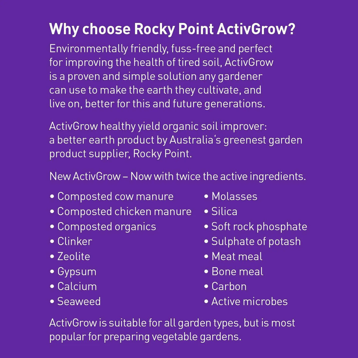 Rocky Point Activegrow Soil Improver in a bag, landscaping accessory for enhancing garden soil quality and plant growth.