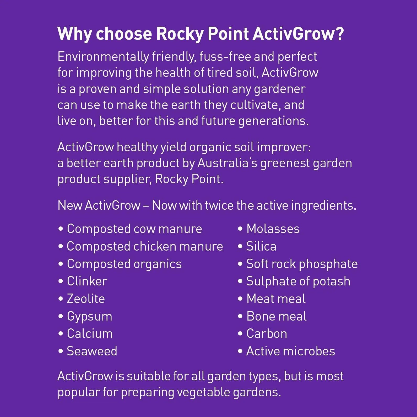 Rocky Point Activegrow Soil Improver in a bag, landscaping accessory for enhancing garden soil quality and plant growth.