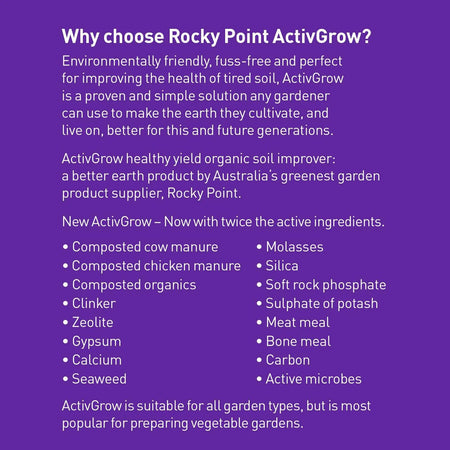 Rocky Point Activegrow Soil Improver in a bag, landscaping accessory for enhancing garden soil quality and plant growth.
