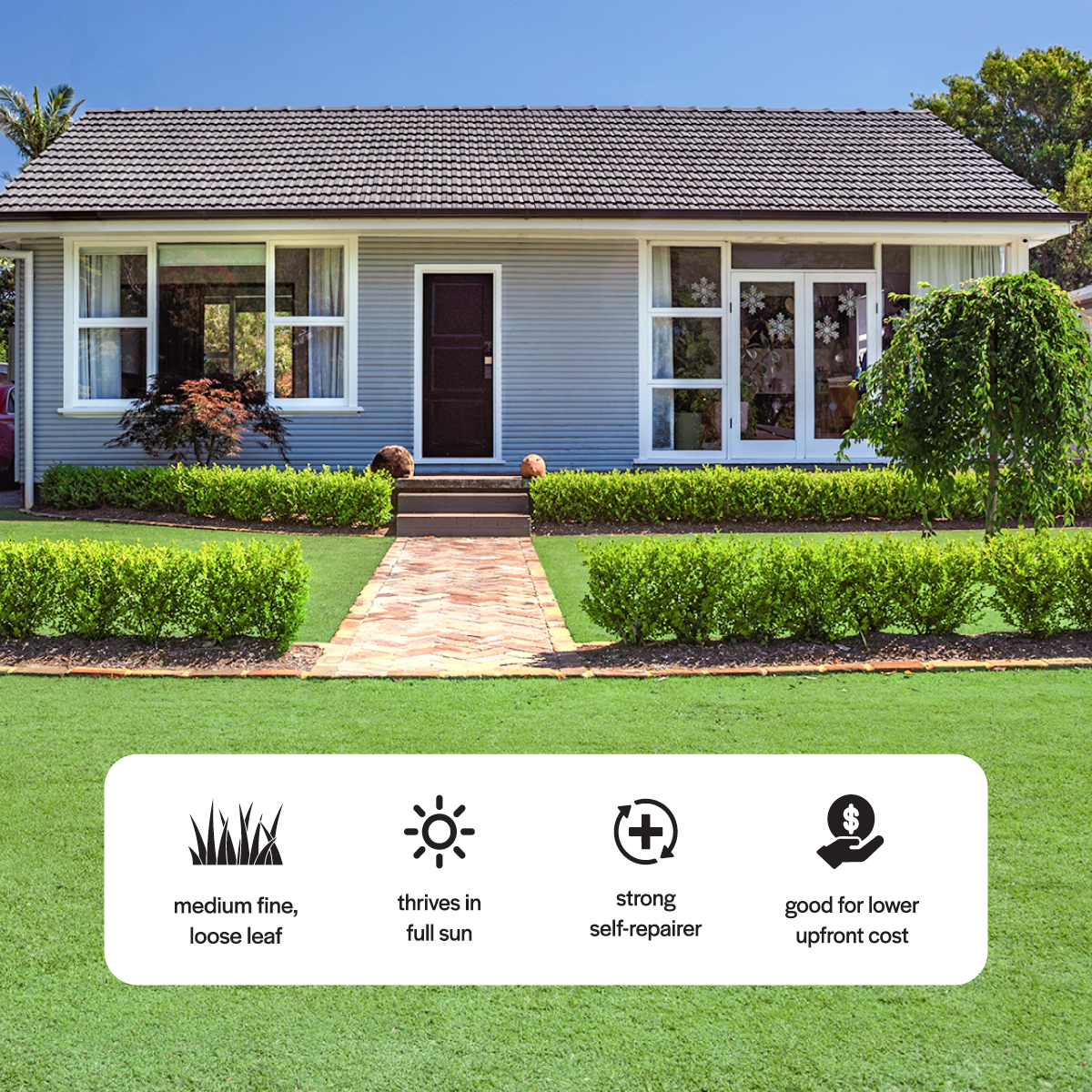 House with a well-maintained lawn and garden, featuring icons and text about lawn care.