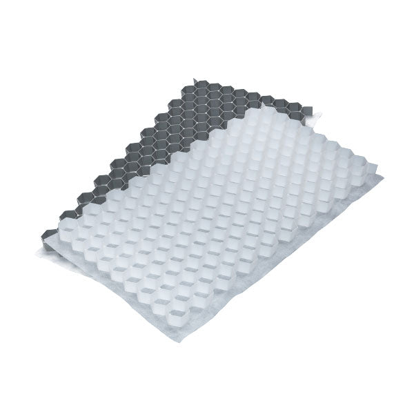 A square sheet of white honeycomb foam with a dark gray hexagonal backing, shown on a plain white background.