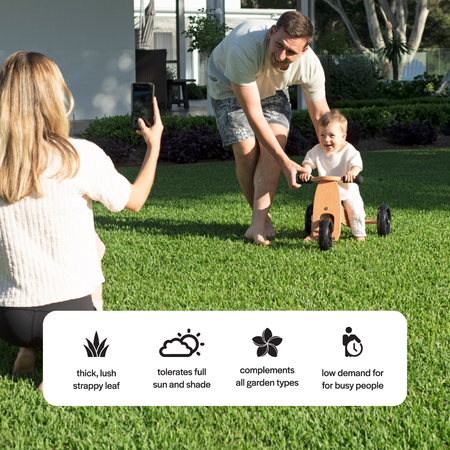 Family in a garden with a woman taking a photo of a man and child on a tricycle.