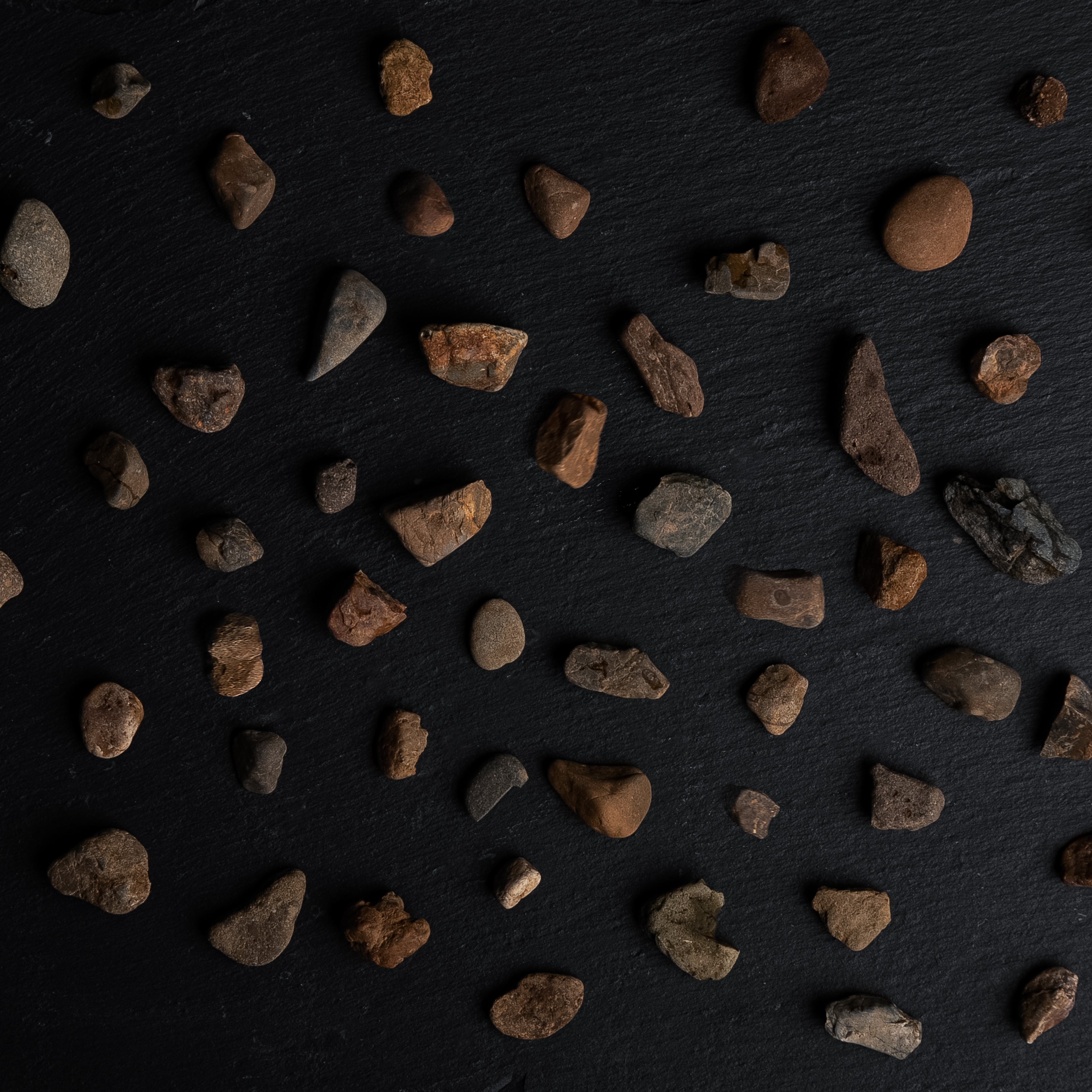 Small rocks scattered on a dark surface
