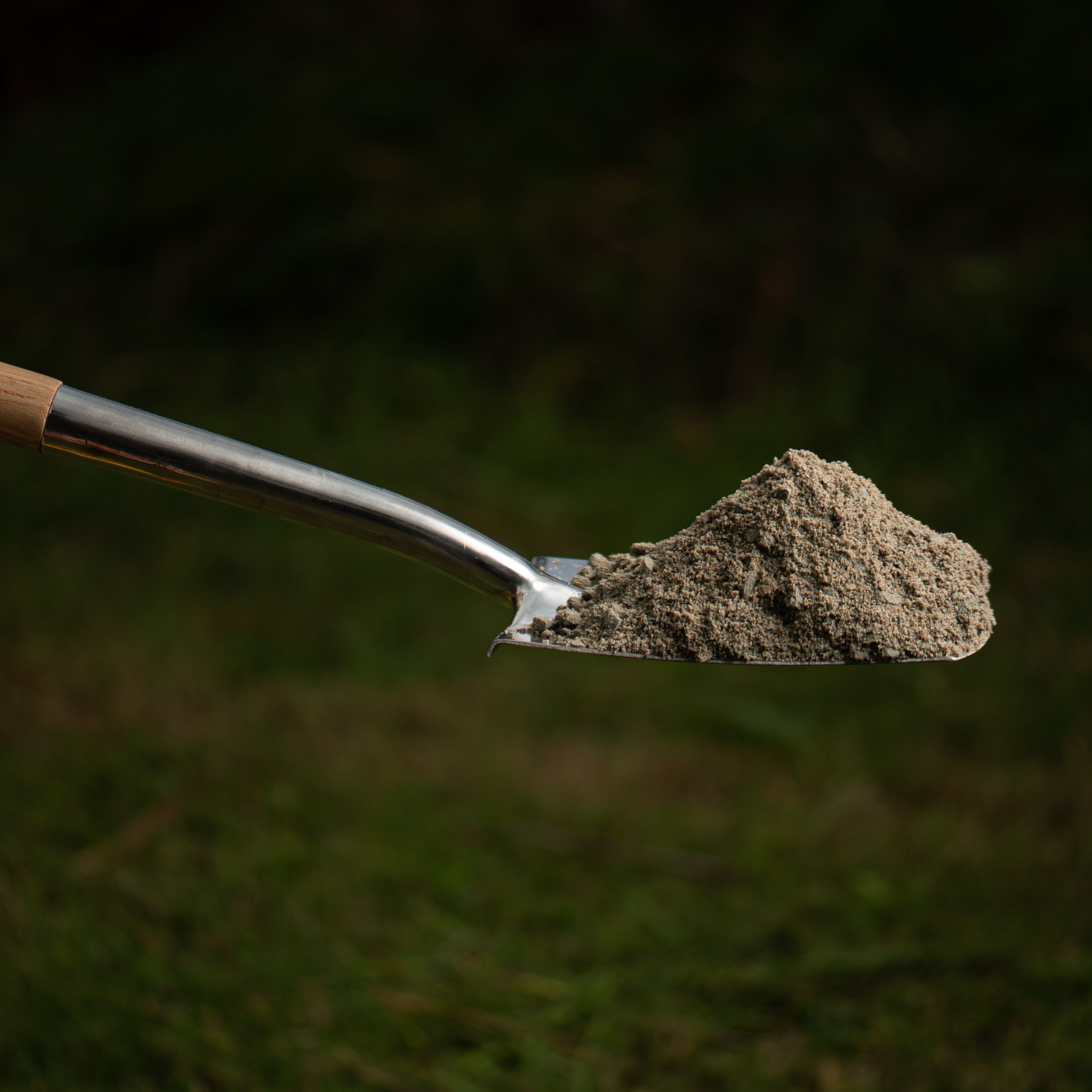 metal shovel holding sand and rocks on a grassy background