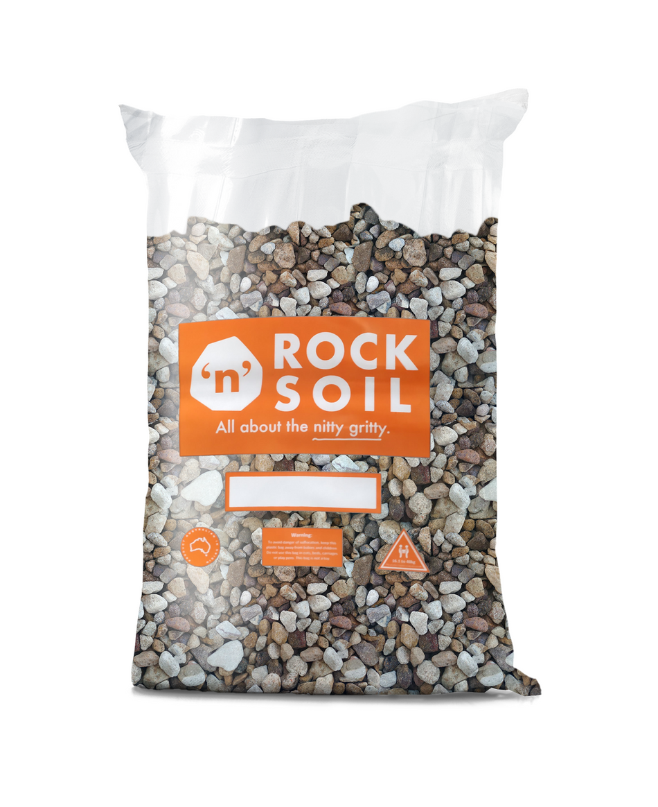 Bag of rocks with a visible brand logo on a white background