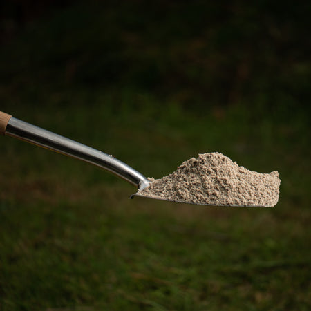 metal shovel with sand on a grassy background