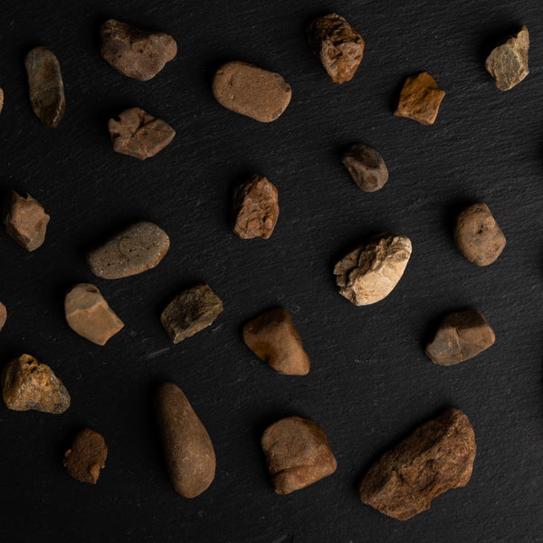 Small brown stones on a black surface