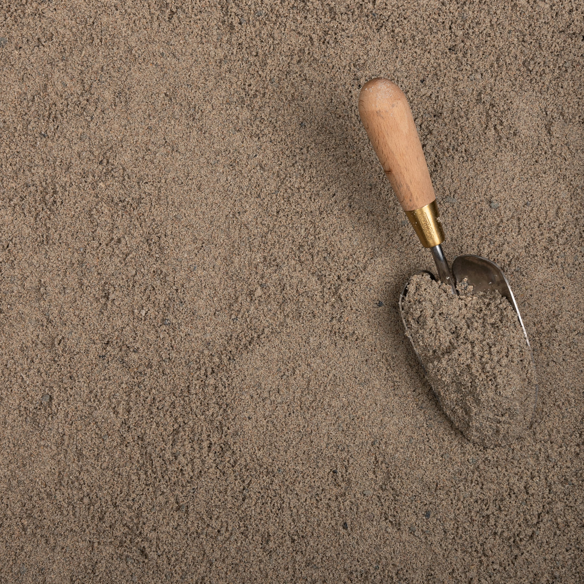 Trowel with wooden handle and metal blade in sand