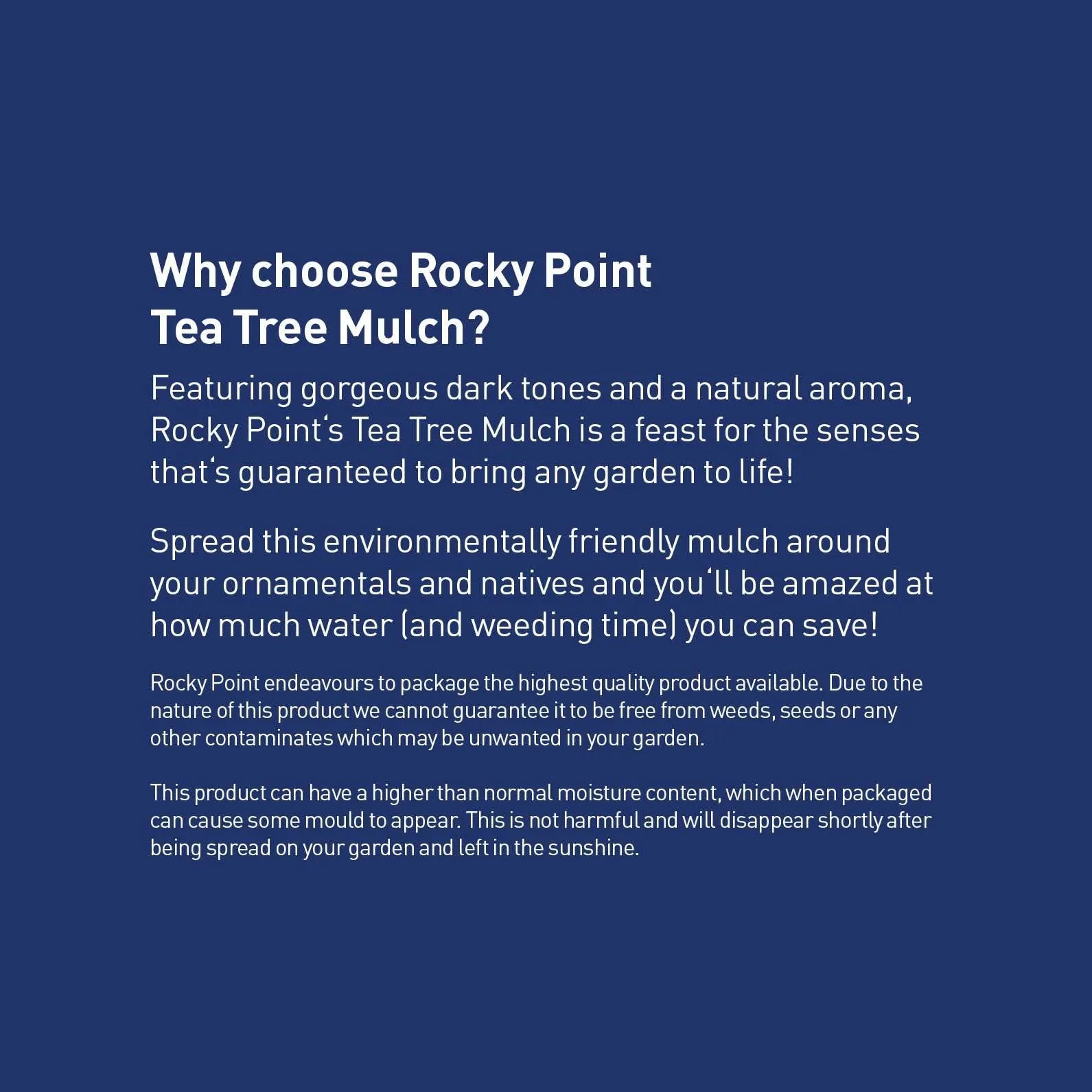 Rocky Point Tea Tree Mulch ground covering showing dark green, shredded mulch with a natural texture and tea tree scent.