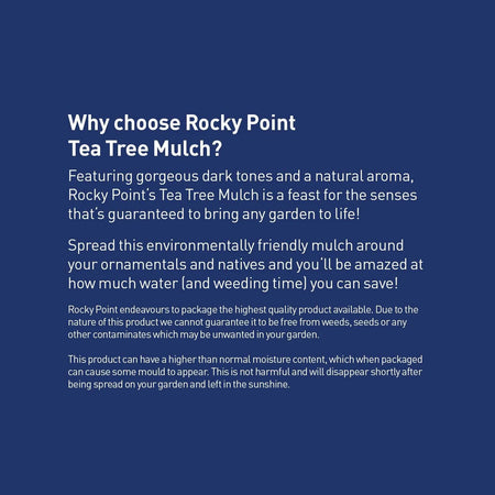 Rocky Point Tea Tree Mulch ground covering showing dark green, shredded mulch with a natural texture and tea tree scent.