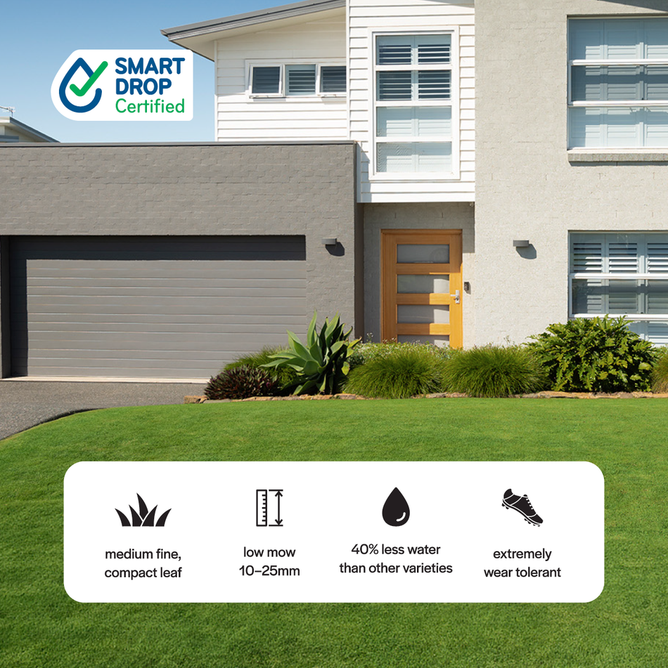 Modern house with Smart Drop Certified logo and grass care benefits text overlay.