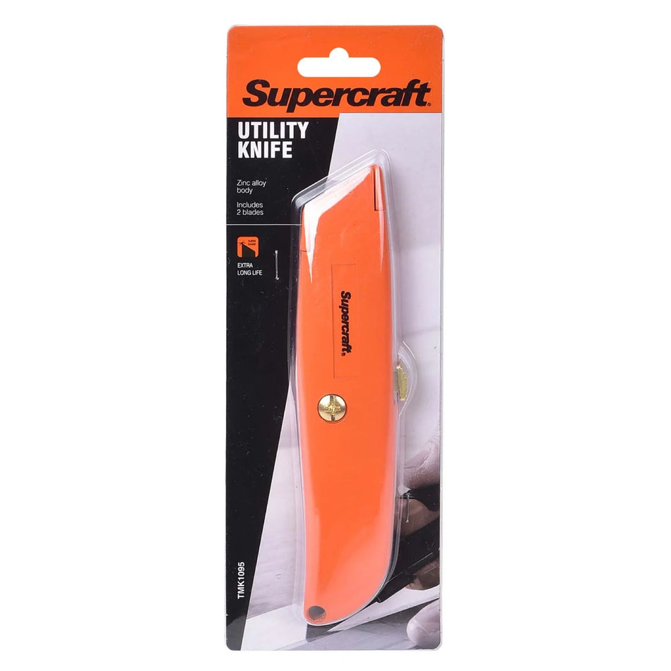 product image of bright orange retractable blade utility knife in black, white and orange packaging pictured against an all white background