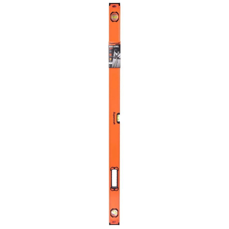 Close up image of the bright orange Supercraft box spirit level pictured against an all white background