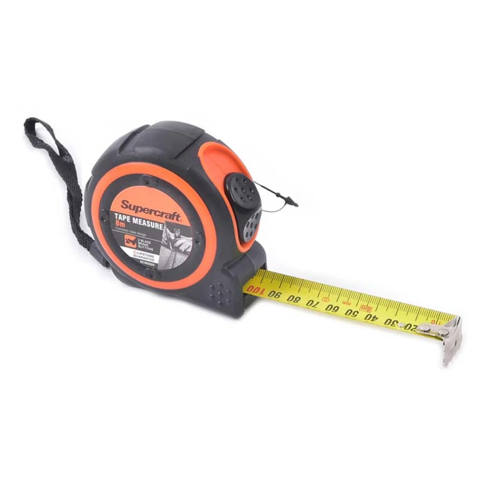 image of stainless steel tape measure in orange and black colouring pictured against and all white background