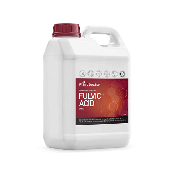close up of Plant Doctor's fulvic acid white bottle with red label against an all white background
