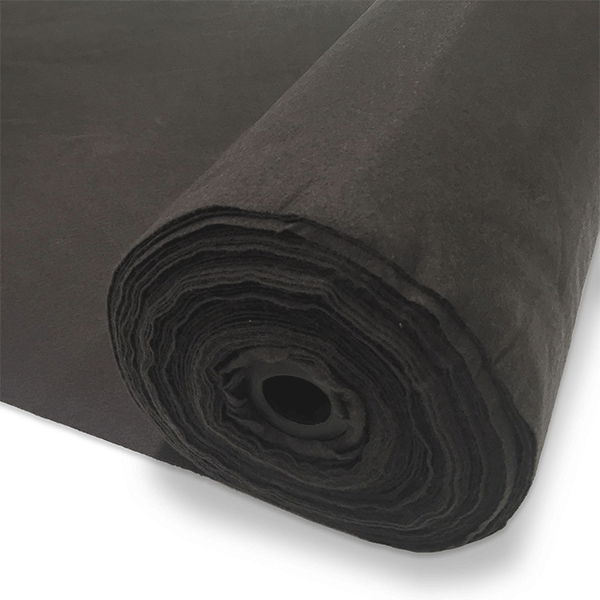 close up image of a roll of black bidum geo fabric half way unrolled pictured against an all white background