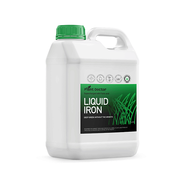 close up image of Plant Doctor's white and green bottle of Liquid Iron fertiliser against an all white background
