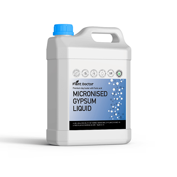 image of the white bottle with a light blue label for Plant Doctor's micronised gypsum pictured against an all white background