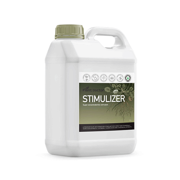 image of white bottle with khaki coloured label and bottle cap containing Plant Doctor Stimulizer pictured against an all white background