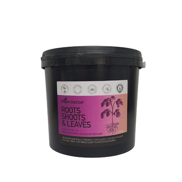 Plant doctor fertiliser roots, shoots & leaves black bucket with purple label pictured against an all white background