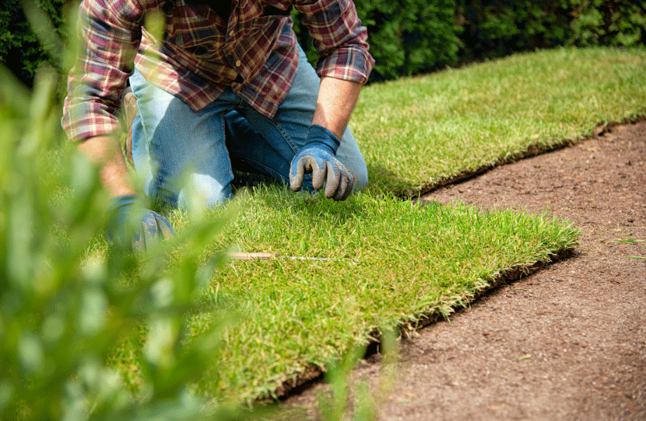 man laying turf kneeling down in a flannel shirt with gardening glvoes on