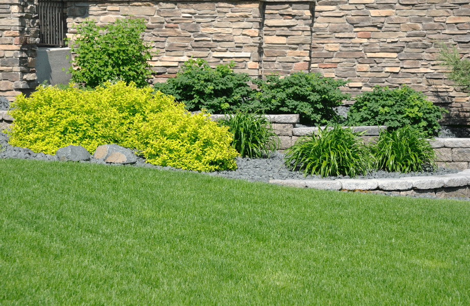 Image of rocks and pavers for garden edging ideas which separate a planted bed and a lush green lawn