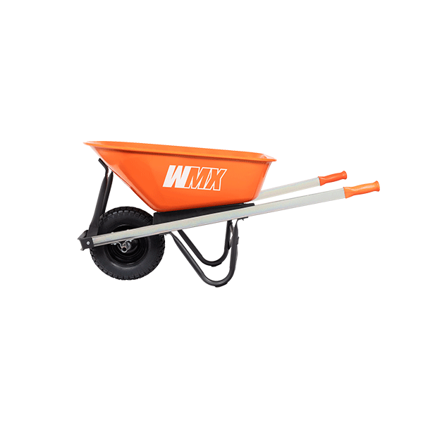 image of the Westmix Workman wheelbarrow in bright orange against a plain white background