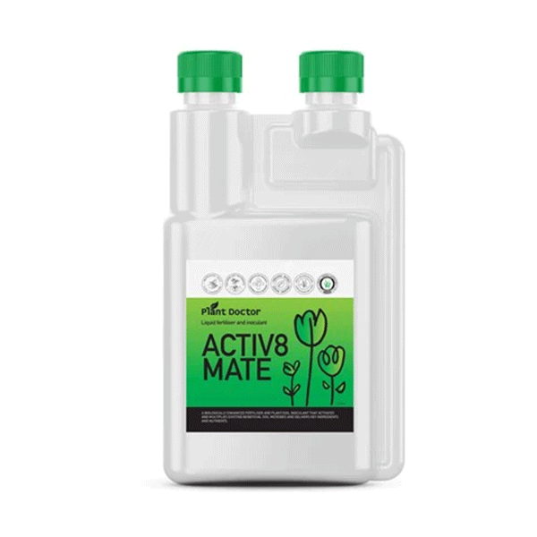 close up image of the white and green bottle of activ8mate with flower logo against an all white background
