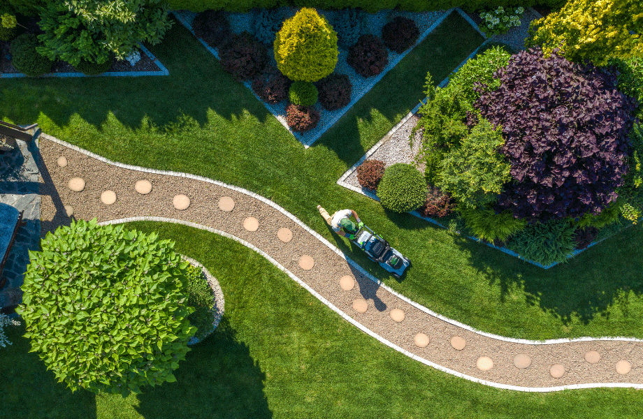 drone image of sir walter buffalo grass in a beautiful lush garden and courtyard with a path winding in between