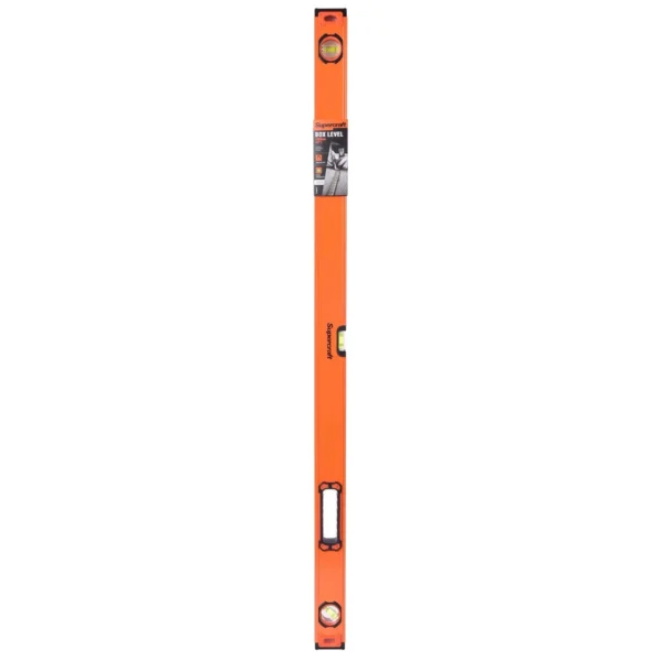 Close up image of the bright orange Supercraft box spirit level pictured against an all white background