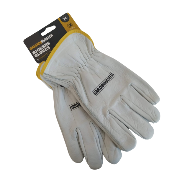 white leather riggers gloves with yellow trim and black writing on them pictured against an all white background